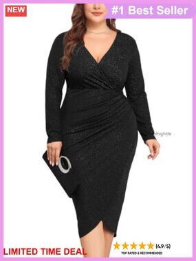 Plus Size Glitter Ruched Bodycon Midi Dress Wrap V-Neck Long Sleeve Cocktail